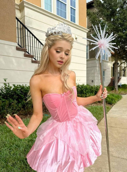 Cute Pink Satin Tulle A Line Short Homecoming Dress,Strapless Mini Prom Dress SP3291