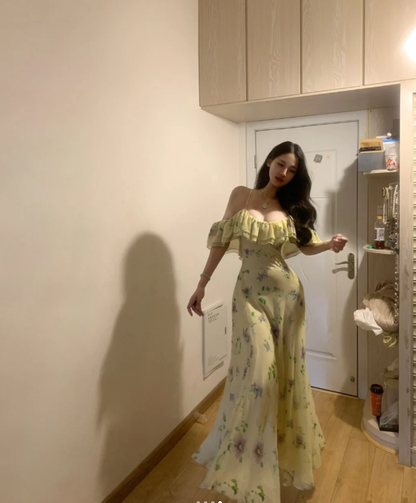 Beautiful Spaghetti Straps Green Chiffon Printed Floral Mermaid Party Dress Long Prom Gown SP294