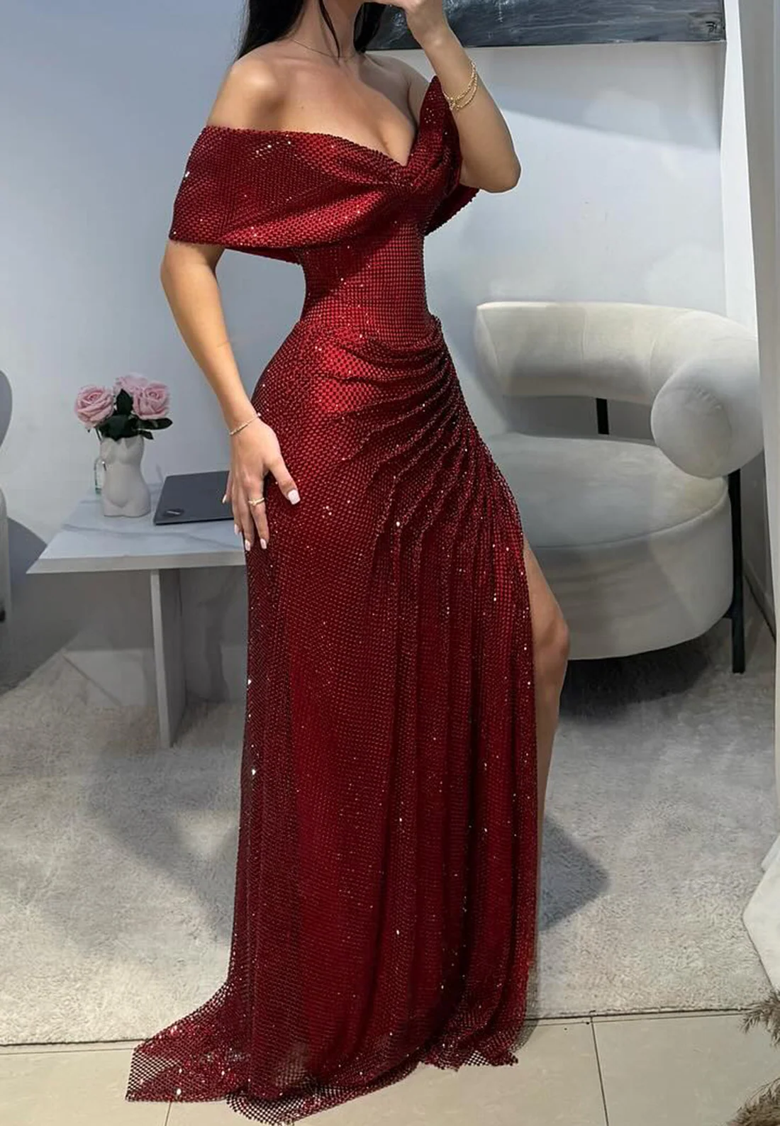Pretty Off-Shoulder Burgundy Sequin Pleated Slit Mermaid Long Party Dress SP4208