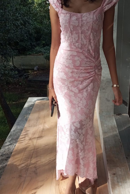 Pretty Pink Pleated Pink Floral Mermaid Evening Dress Long Wedding Guest Dress SP1061