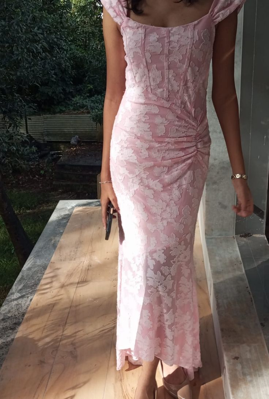 Pretty Pink Pleated Pink Floral Mermaid Evening Dress Long Wedding Guest Dress SP1061