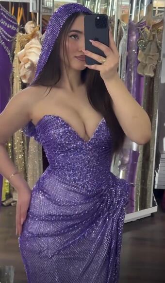 Glitter Sweetheart Neck Purple Sequin Pleated Long  Evening Dress Prom Gown SP3762