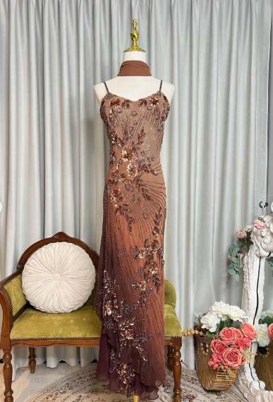 Retro Spaghetti Straps Ombre Chiffon Floral Sequin Beaded Prom Dress Long Party Gown With Ribbon SP627