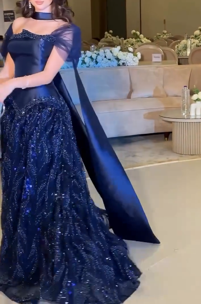 Gorgeous Navy Blue Satin Tulle Sequin Beaded Ball Gown Formal Party Dress With Scarf SP576