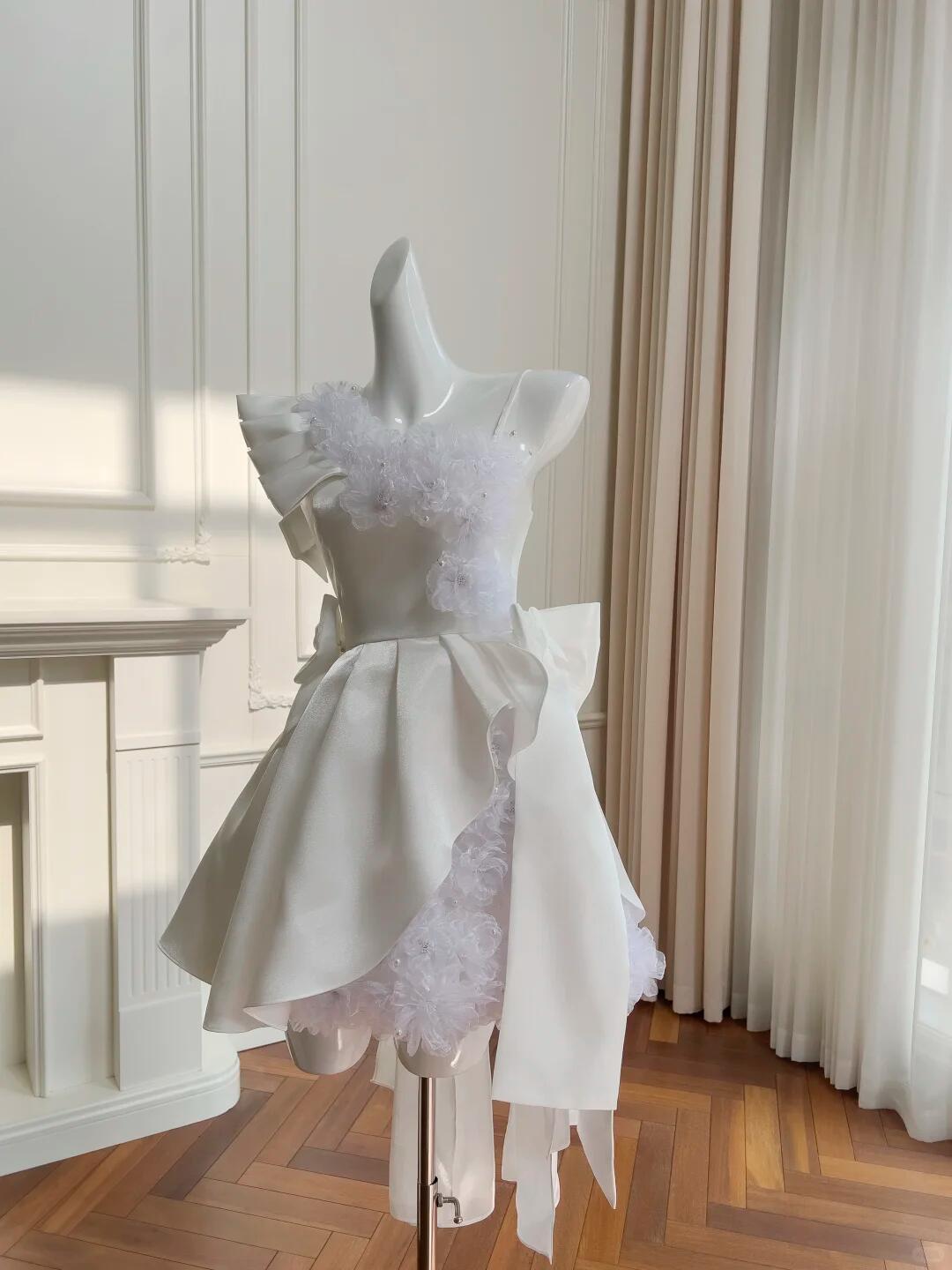Classy Spaghetti Straps White Satin Tulle A Line Short Homecoming Dress Birthday Outfits SP2607
