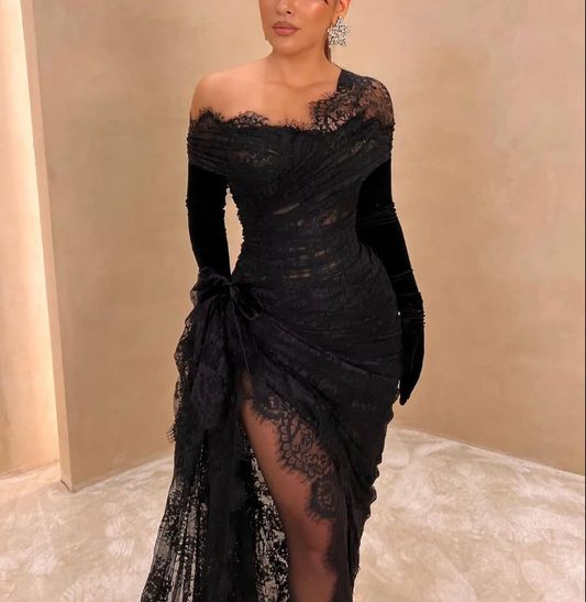 Elegant Black Lace Prom Dress Asymmetric With High Slit Long Evening Dress Y7984