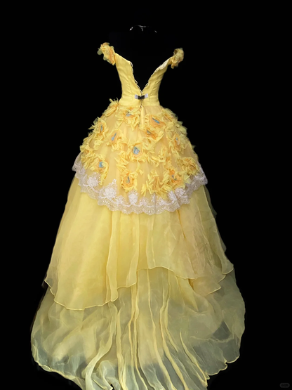 Vintage Off The Shoulder Yellow Tulle Lace Appliques Quinceanera Dress Sweet 15 Dress SP4081