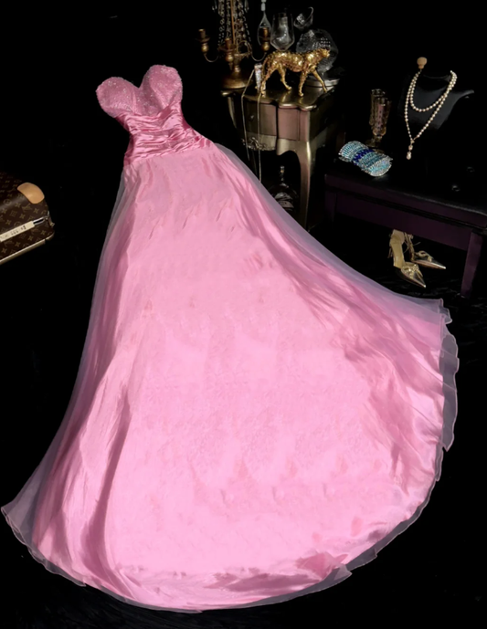 Charming Pink Strapless Satin Beaded Mermaid Evening Dress Birthday Prom Gown SP729