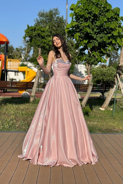 Charming Pink Strapless Beading A Line Long Prom Dress With Detachable Sleeves Y7645