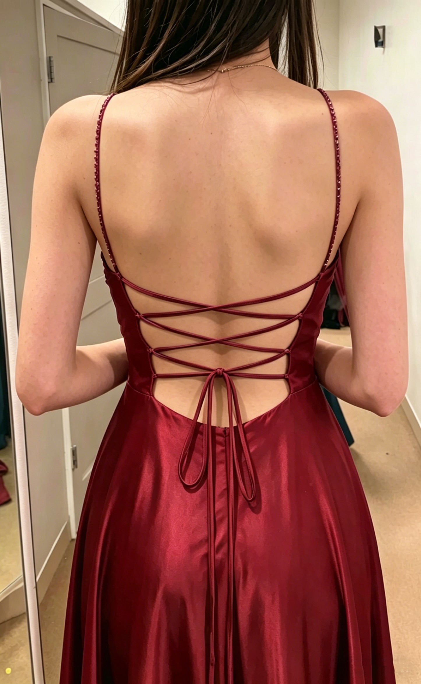 Burgundy A-line Floor-Length Satin Solid Color Prom Dresses Backless Sleeveless Elegant Senior Prom Dress Y4388