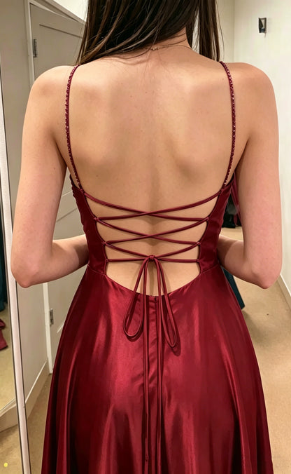 Burgundy A-line Floor-Length Satin Solid Color Prom Dresses Backless Sleeveless Elegant Senior Prom Dress Y4388