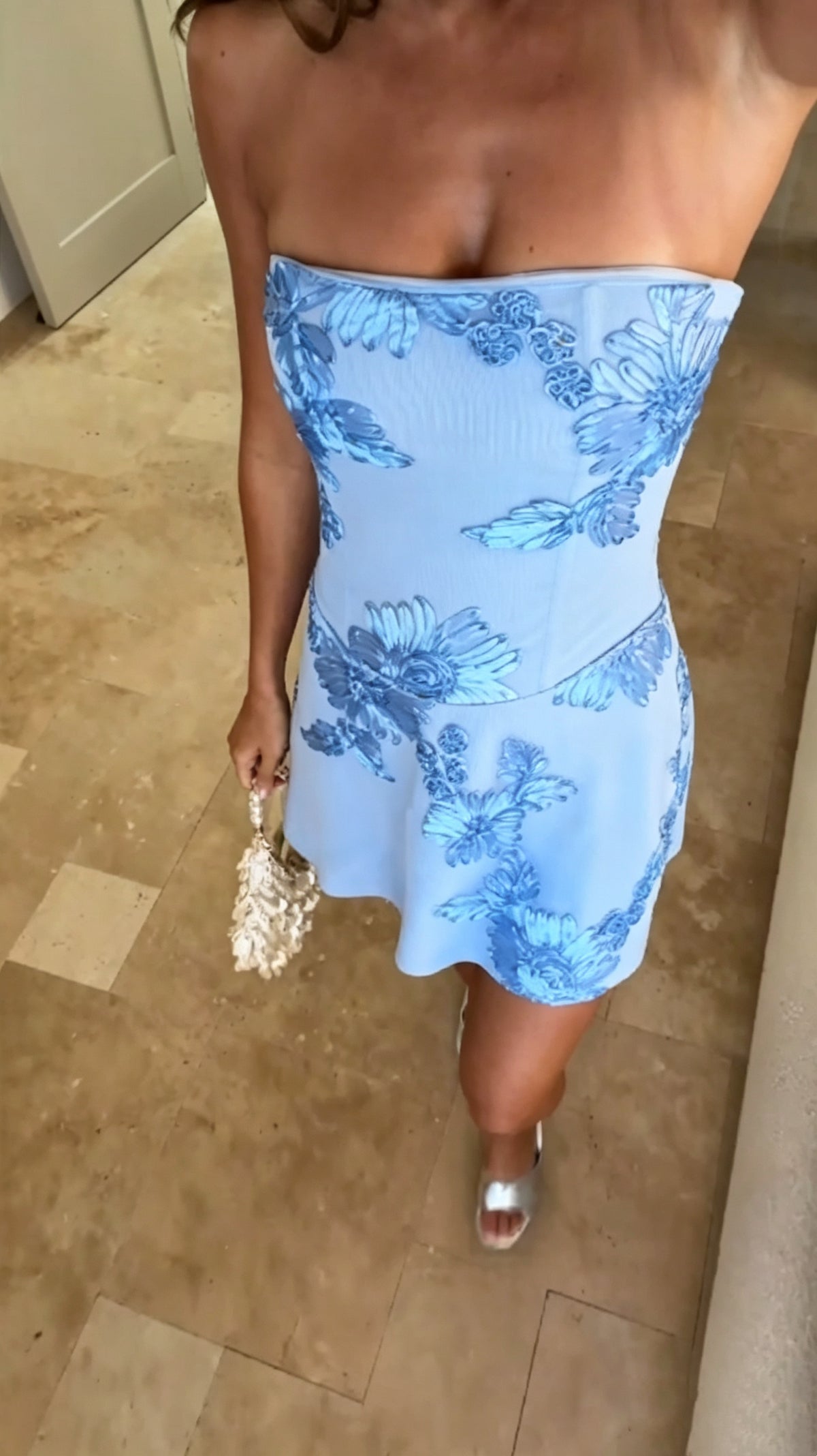 Pretty Blue Strapless Satin Floral Sheath Short Homecoming Dress Birthday Outfits SP3815