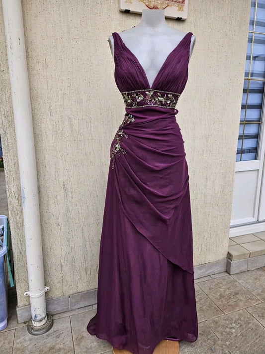 Vintage Purple V Neckline Chiffon Pleated Beaded A Line Long Party Dress Birthday Prom Dress SP4062