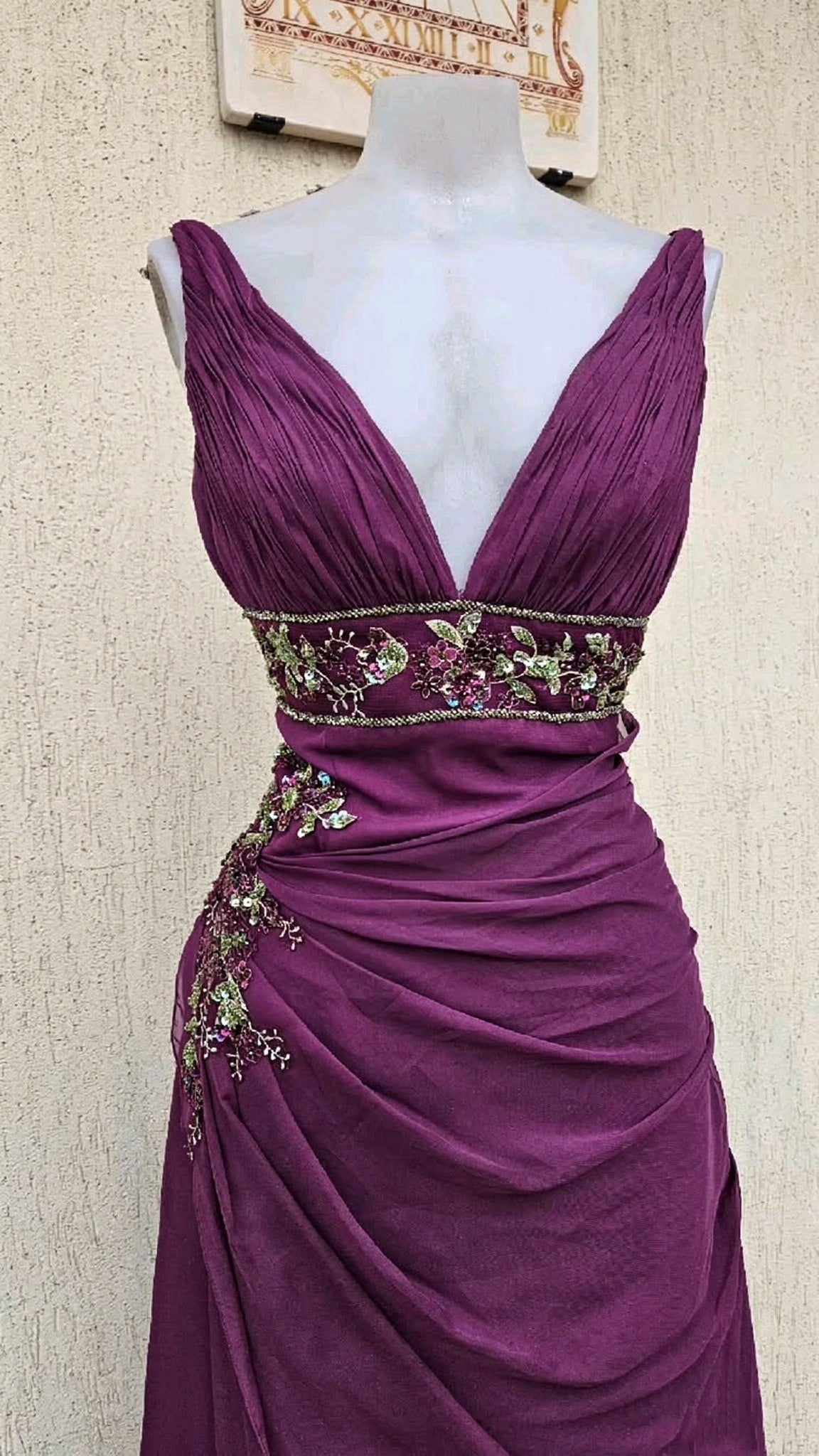 Vintage Purple V Neckline Chiffon Pleated Beaded A Line Long Party Dress Birthday Prom Dress SP4062