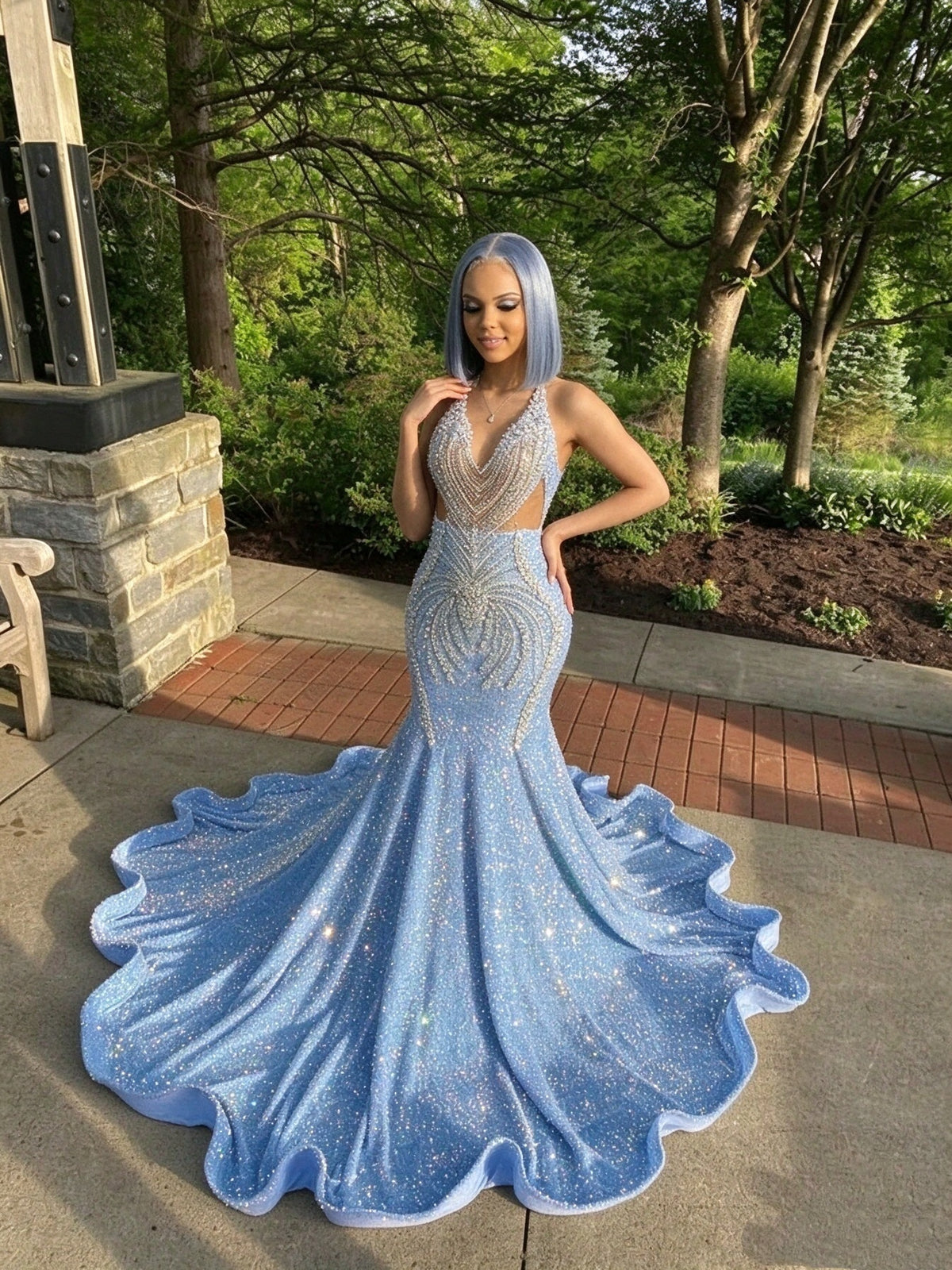 18 birthday outfit evening dress custom made black girl mermaid light blue prom gowns  Y887