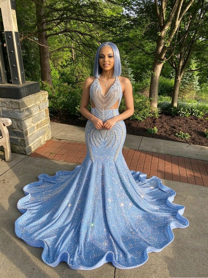 18 birthday outfit evening dress custom made black girl mermaid light blue prom gowns  Y887