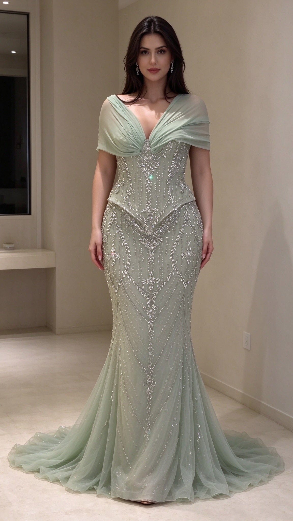 Gorgeous Light Green Chiffon Beaded Mermaid Long Party Dress Prom Gown SP4181