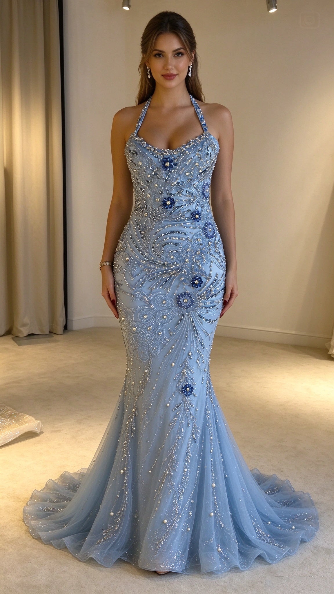 Gorgeous Halter Blue Satin Tulle Beaded Mermaid Long Party Dress Prom Gown SP4182
