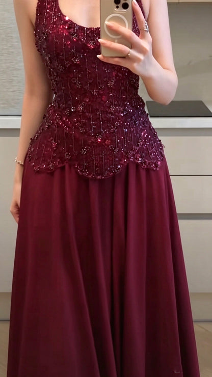 Gorgeous  Chiffon Sequin Beaded A Line Long Party Dress Burgundy Prom Gown SP4184