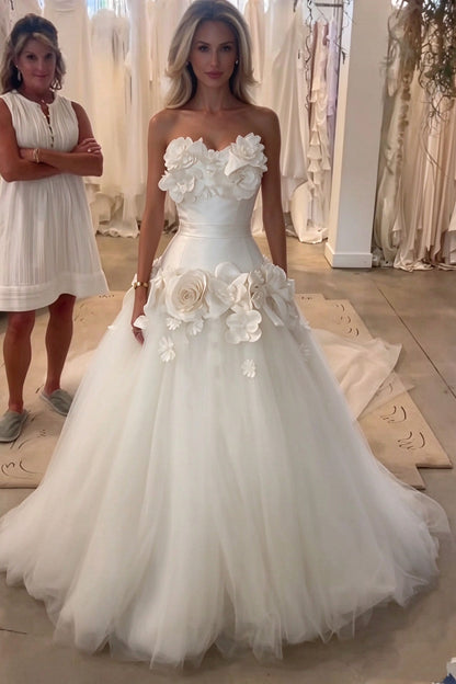 Pretty Strapless White Tulle 3D Flowers Long Wedding Dress SP4186