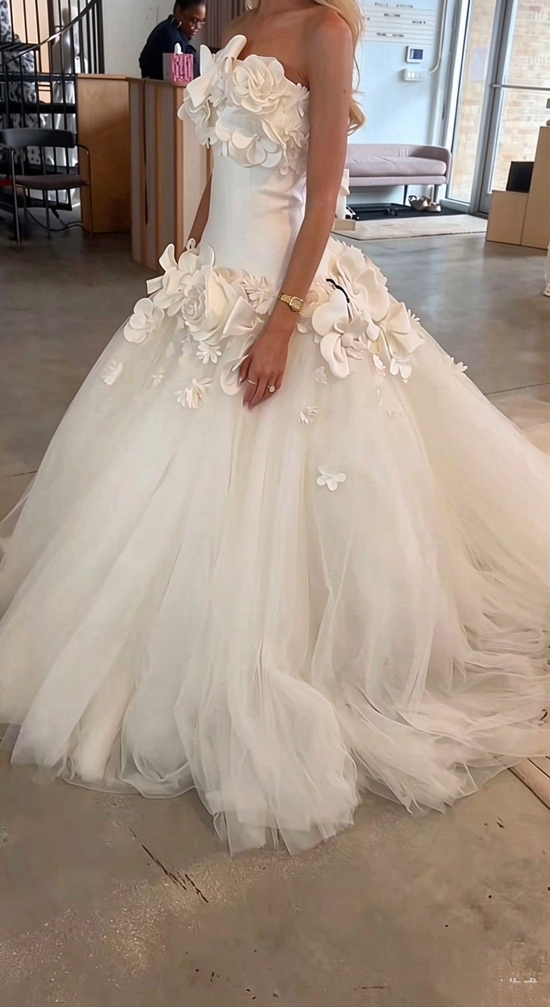 Pretty Strapless White Tulle 3D Flowers Long Wedding Dress SP4186