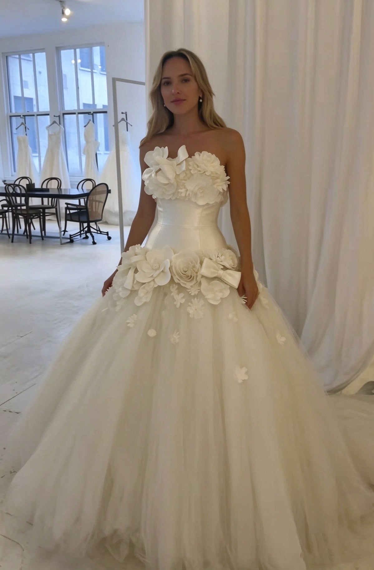 Pretty Strapless White Tulle 3D Flowers Long Wedding Dress SP4186