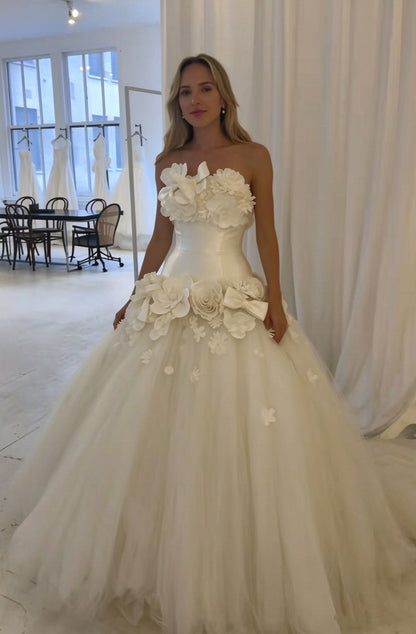 Pretty Strapless White Tulle 3D Flowers Long Wedding Dress SP4186