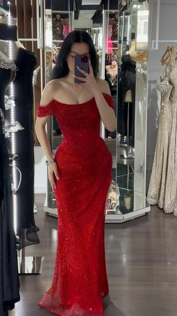 Sparkly Off The Shoulder Red Sequin Slit Mermaid Long Party Dress Prom Gowns SP2166
