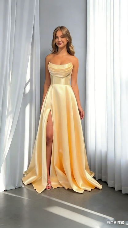 Sweet Yellow Strapless Satin Pleated Slit A Line Party Dress Long Wedding Guest Dress SP1688