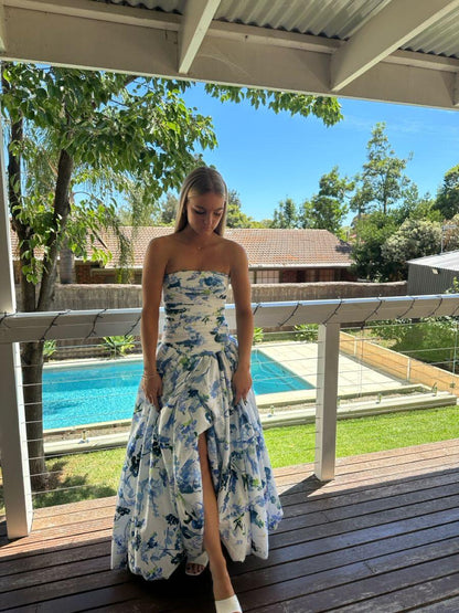 Pretty Strapless Blue Satin Print Floral Pleated Long Party Dress Prom Dress SP4018