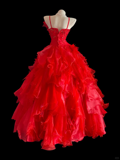 Charming Spaghetti Straps Ball Gown Red Tulle Pleated Sequin Appliques Long Party Dress Prom Gown SP4089