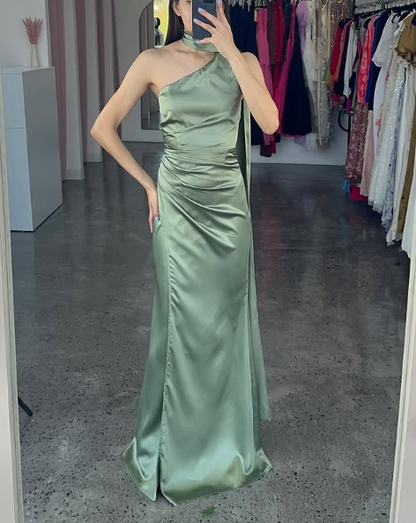 Elegant One Shoulder Hot Pink Satin Sheath Prom Dress Long Evening Dress Y8419