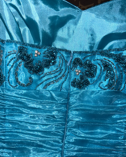 Elegant Strapless Blue Strapless Organza Beaded Mermaid Long Prom Dress Party Dress  SP950