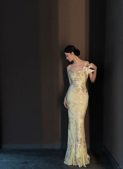 Chic Spaghetti Straps Chiffon Printed Floral Mermaid Prom Gown Birthday Party Dress SP493