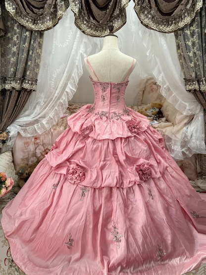 Charming Ball Gown Pink Spaghetti Straps Embroidered Satin Pleated Quinceanera Dress Sweet 16 Dress SP3832