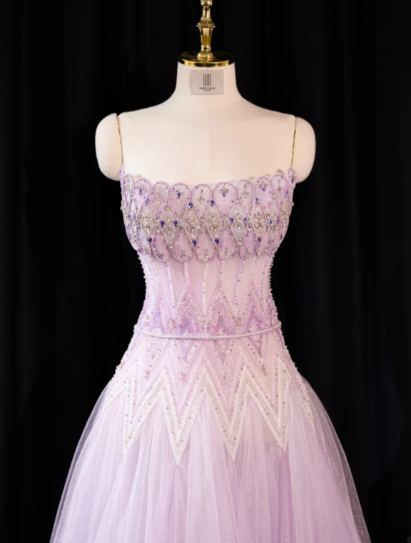 Sweet Purple Strapless Tulle Sequin Beaded A Line Princess Prom Dress Long Birthday Evening Gown SP2238