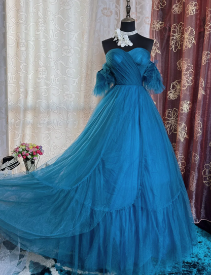 Elegant Peacock Blue Off The Tulle A Line Wedding Guest Dress Long Evening Dress Prom Dress SP1613