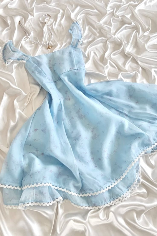 Sweet Chiffon Print Floral Sky Blue A Line 15th Birthday Outfits Formal Short Homecoming Dress Y9228