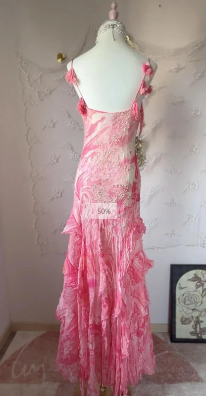 Pink Chiffon Sequin Beaded Ruffled Evening Dress,Long Spaghetti Straps Prom Dress Y8711
