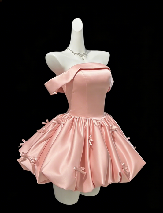 Cute Pink Strapless Satin A Line Homecoming Dress Formal Birthday Outfits With Bow SP1656