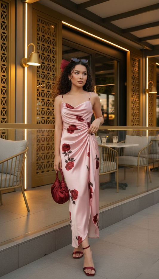 Pretty Spaghetti Straps Pink Satin Print Floral Pleated Long Party Dress Formal Wedding Guest Dress SP1157