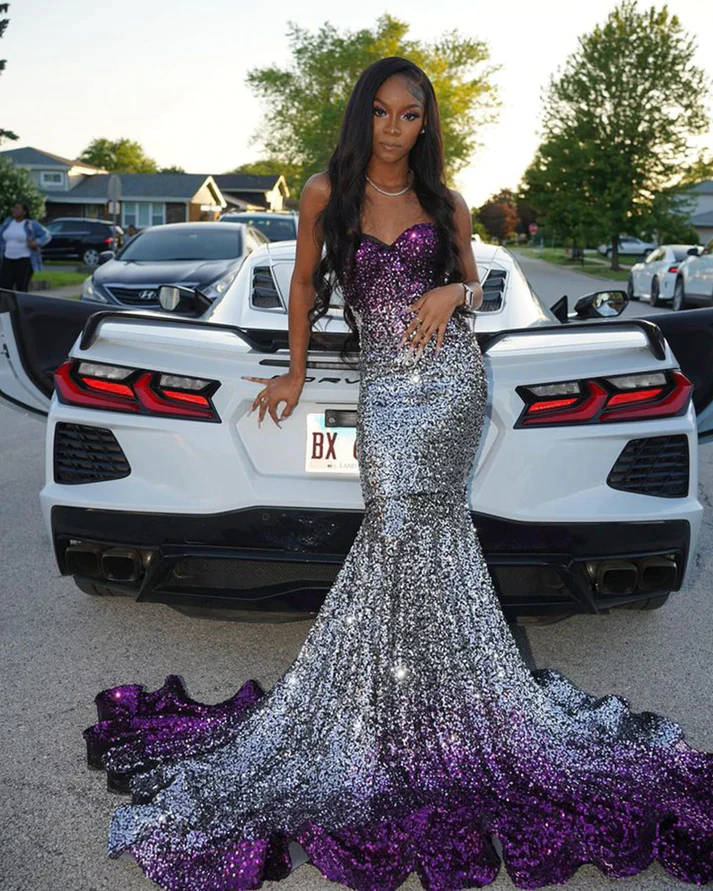 Long Sparkly Prom Dresses Gorgeous Sweetheart Sexy Mermaid Silver and Purple Sequin Black Girls Prom Party Gowns  Y4250