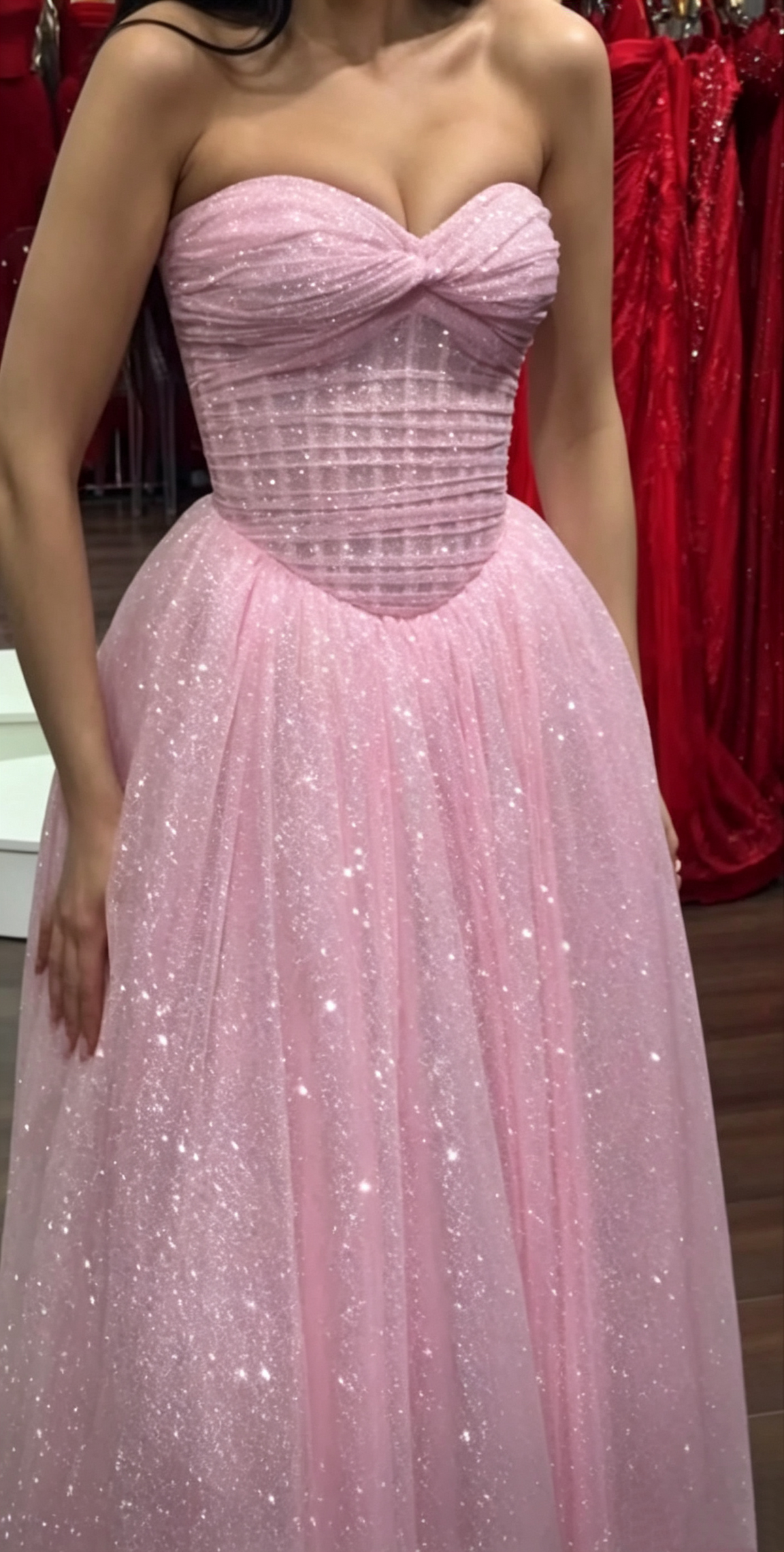 Shiny Sweetheart Neck Tulle Sequin A Line Long Wedding Guest Dress Pink Long Party Dress SP3742