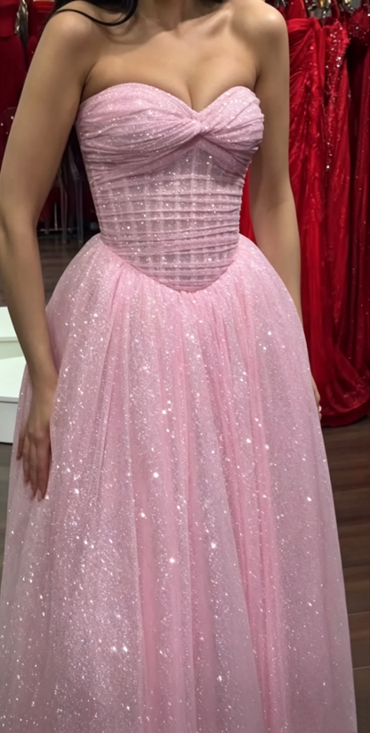 Shiny Sweetheart Neck Tulle Sequin A Line Long Wedding Guest Dress Pink Long Party Dress SP3742