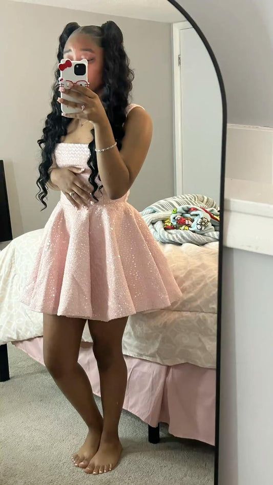 Charming Pink Sequin A Line Short 6th Grade Homecoming Dress Birthday Outfits SP2506