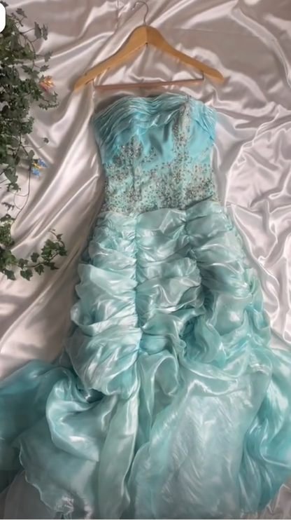Classy Strapless Blue Tulle Pleated Beaded Mermaid Long Prom Dress Party Gown SP3738