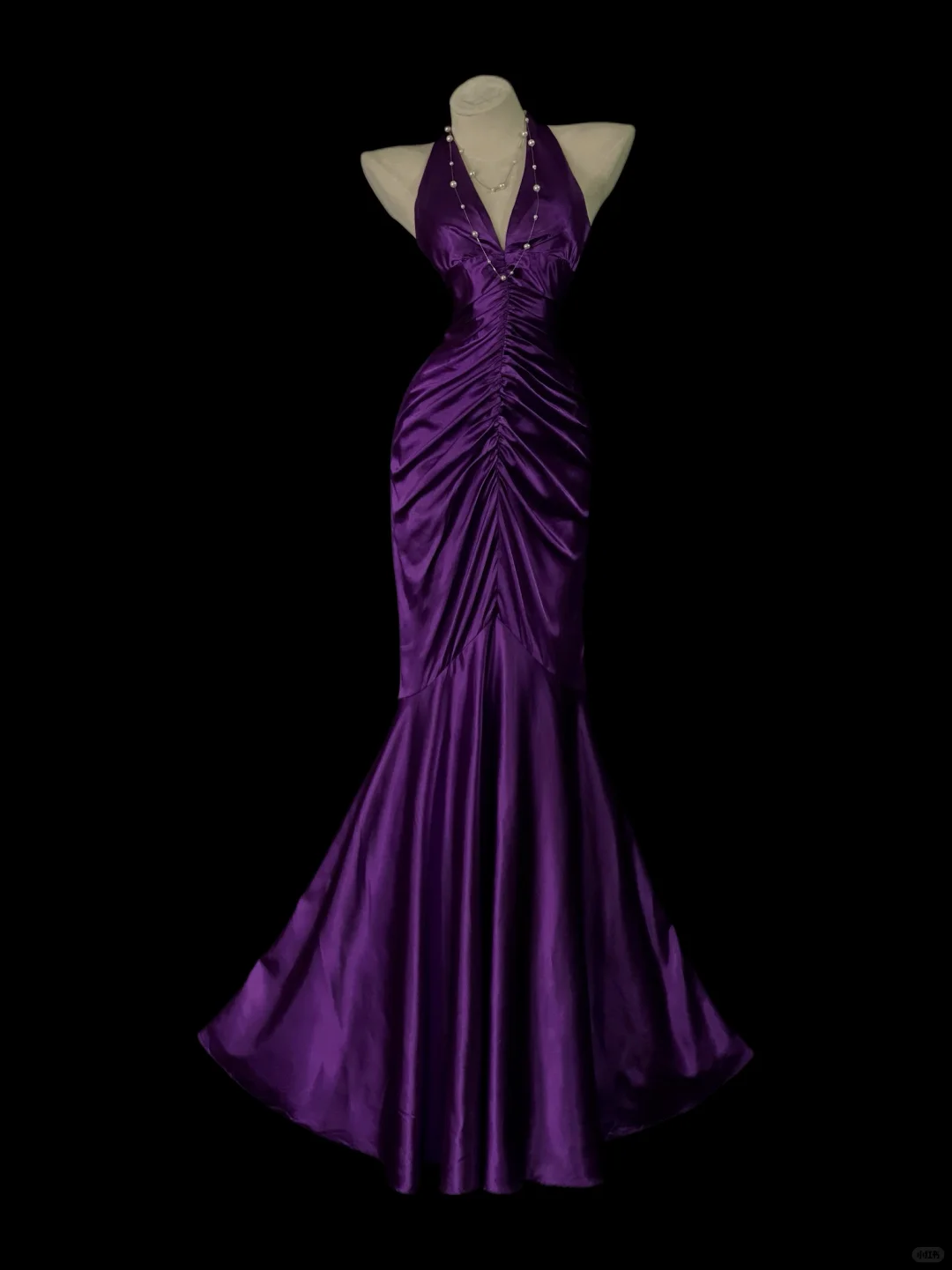Pretty Halter V Neck Satin Pleated Long Evening Gown,Purple Mermaid Long Party Dress Prom Dresses SP4045