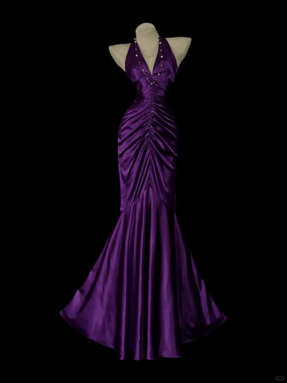 Pretty Halter V Neck Satin Pleated Long Evening Gown,Purple Mermaid Long Party Dress Prom Dresses SP4045
