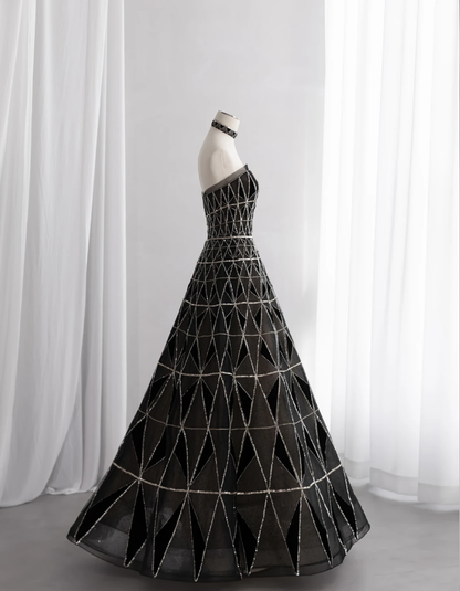 Gorgeous Black Tulle Sequin Beaded Long Birthday Party Dress Strapless Prom Dress SP1517