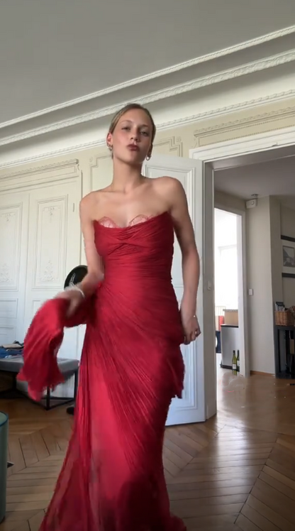 Sexy Red Strapless Lace Tulle Pleated Long Party Dress,Formal Wedding Guest Dress SP3106